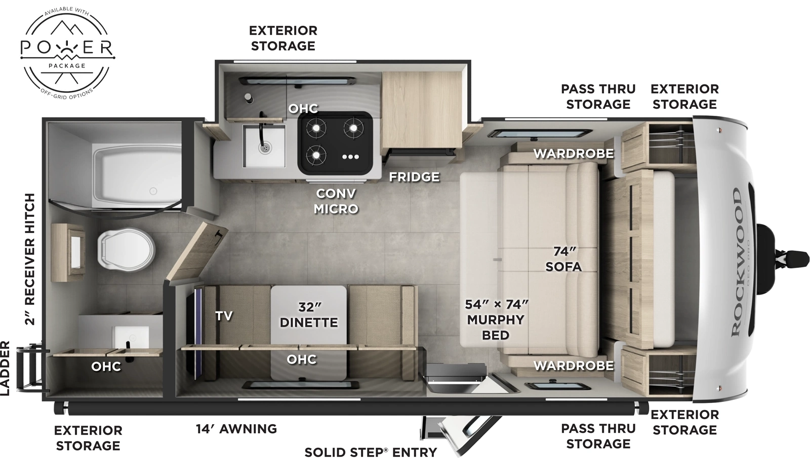 The Rockwood Geo Pro G19FDS floorplan has one entry and one slide out. Exterior features include: fiberglass exterior and 14' awning. Interiors features include: murphy bed and rear bathroom.